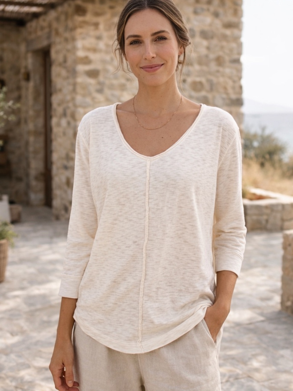 Anthro Saturday Sunday Slub Knit Top Cream Raw Edge Seam Relaxed Boho Tee M